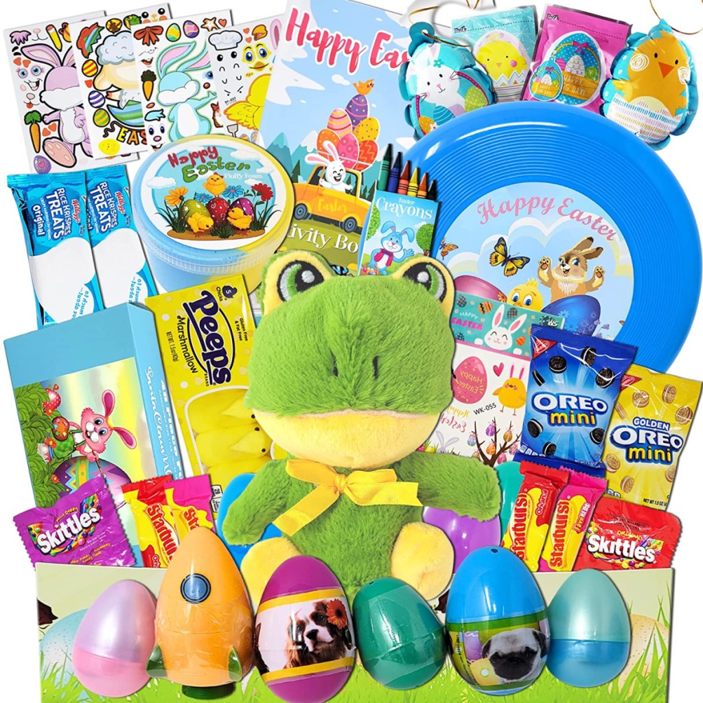 Activity filled easter baskets with frog plush toy and frisbee