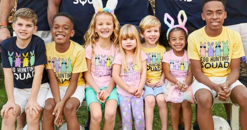A whole bunch of kids wearing different color egg Hunting Squad Graphic Tees from The Children's Place