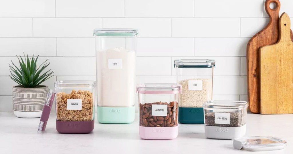 set of ello food storage canisters on kitchen counter