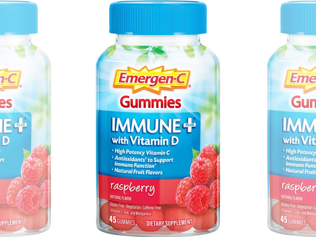 blue bottles of Emergen-C Immune+ Raspberry Gummies
