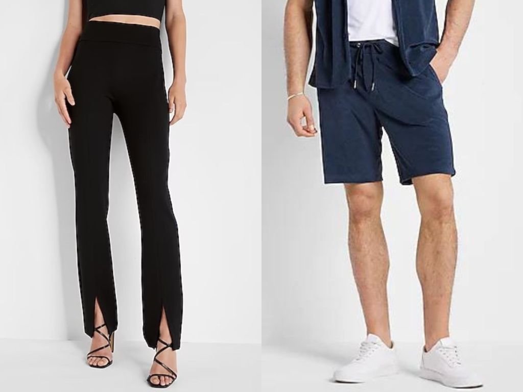 Stock images of a woman wearing Express pants and a man wearing Express shorts
