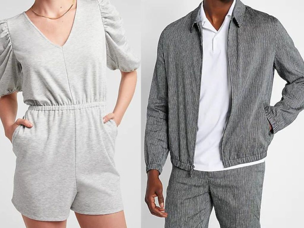 Stock images of a woman wearing an express romper and a man wearing an express jacket