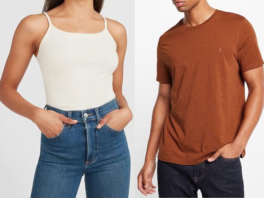 Stock images of a woman and a man wearing Express tops