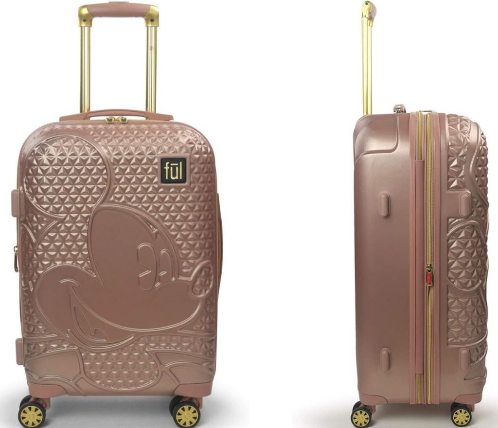 Front and side view of FUL Rose Gold Mickey Mouse Spinner Suitcase