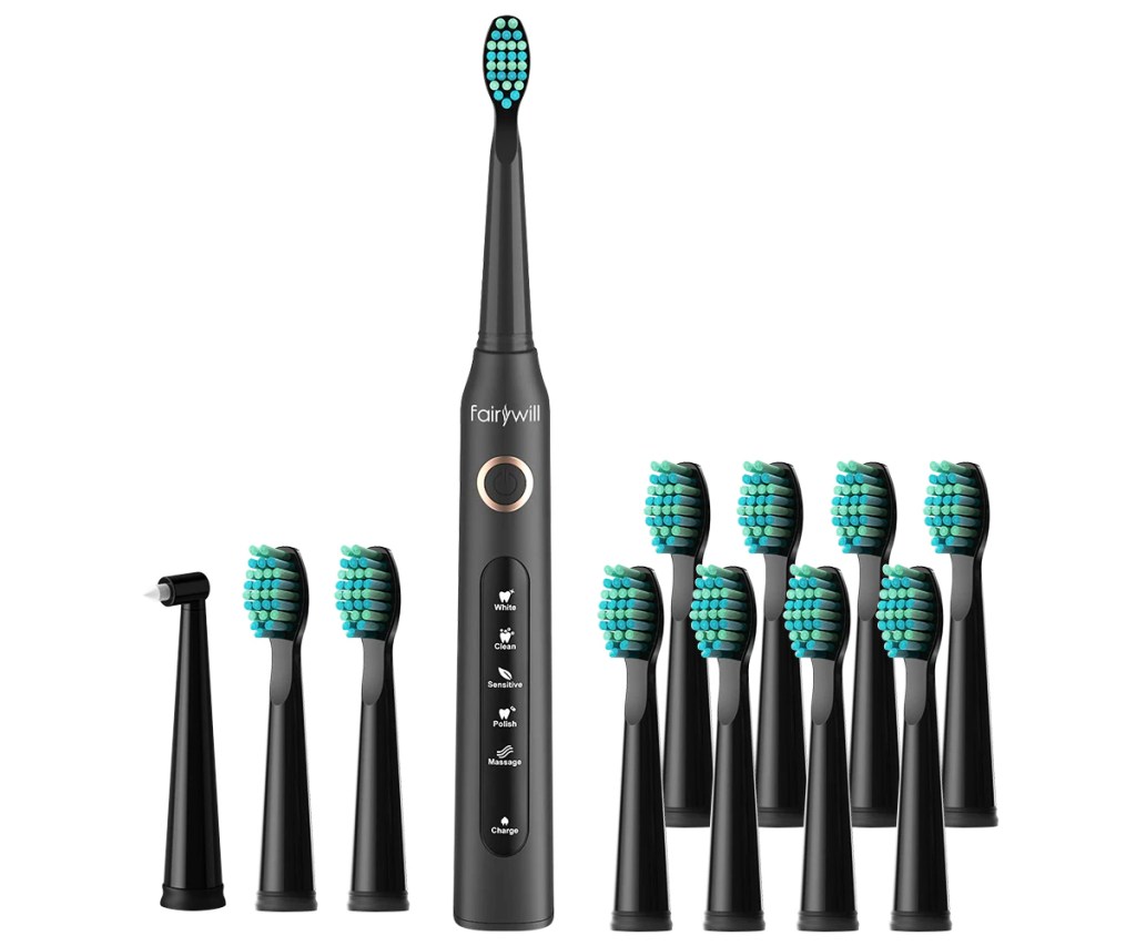 black electric toothbrush with 11 replacement heads