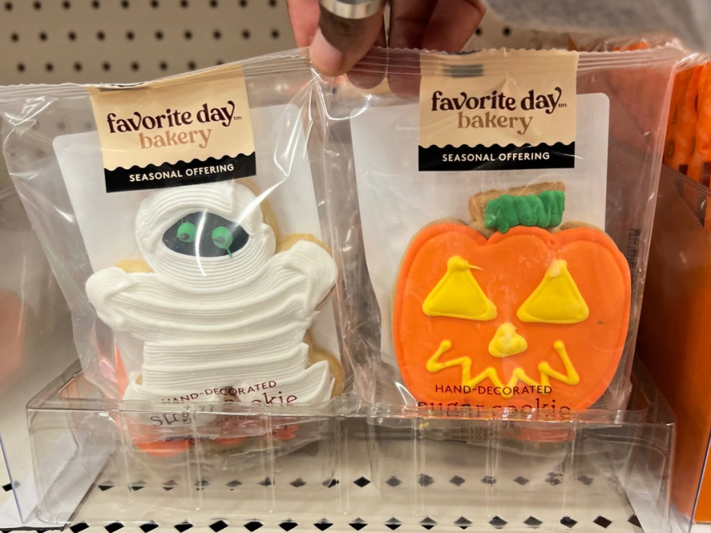 Favorite Day Season Decorated Cookies in mummy and jack o lantern displayed at the store