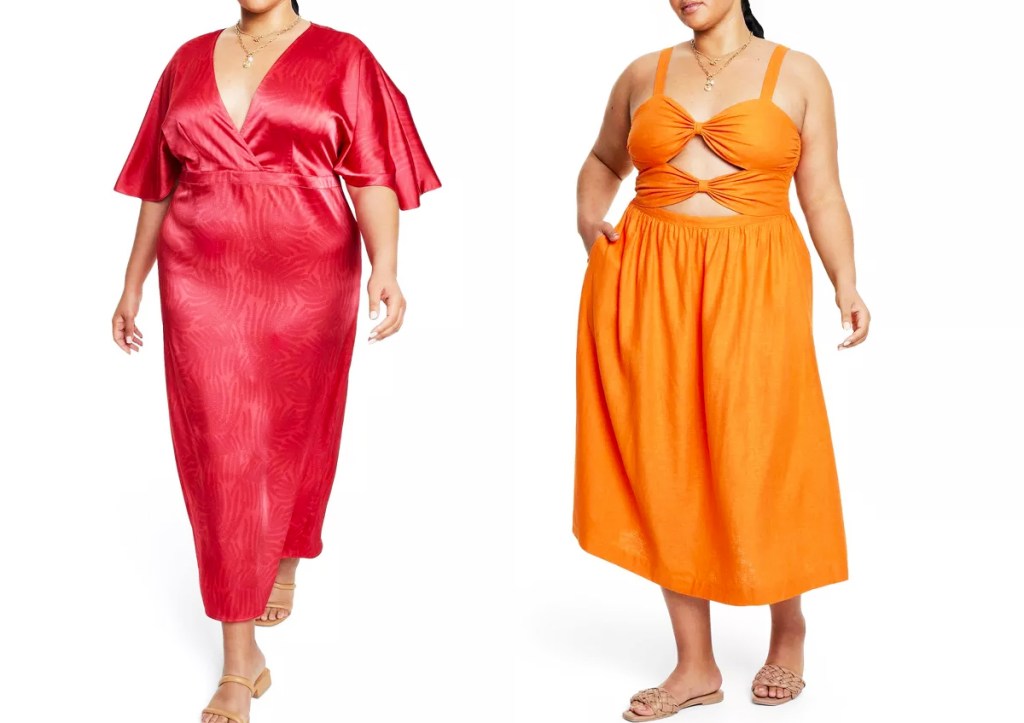 two women modeling red and orange dresses