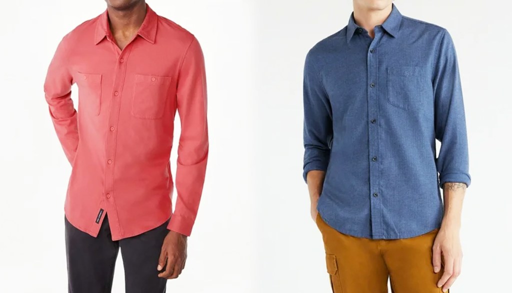 two men in red and blue button down shirts