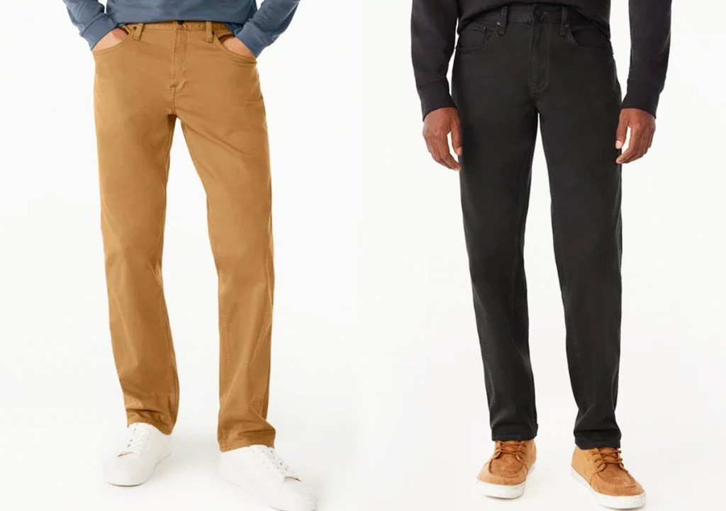 two men in tan and black twill jeans