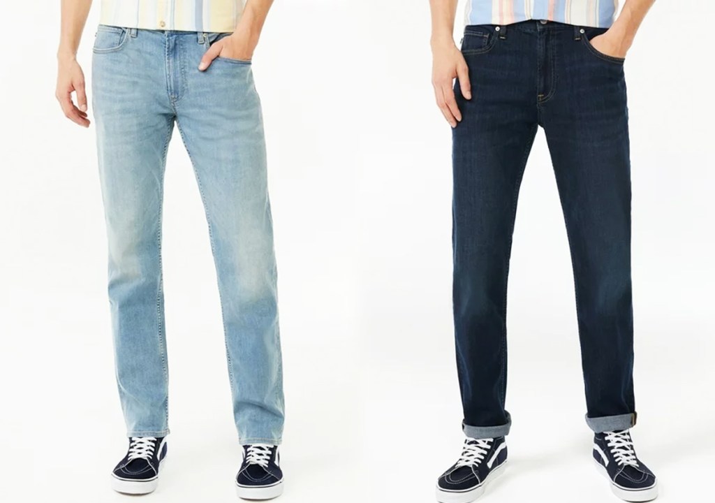 two men in light and dark wash jeans