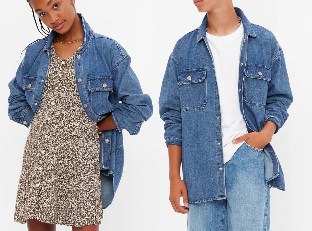 A girl wearing a jean jacket and a dress and a boy in a jean jacket and white tee