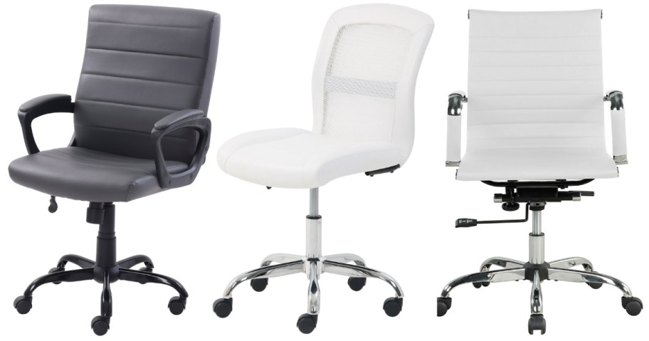 3 office chairs in different styles and colors