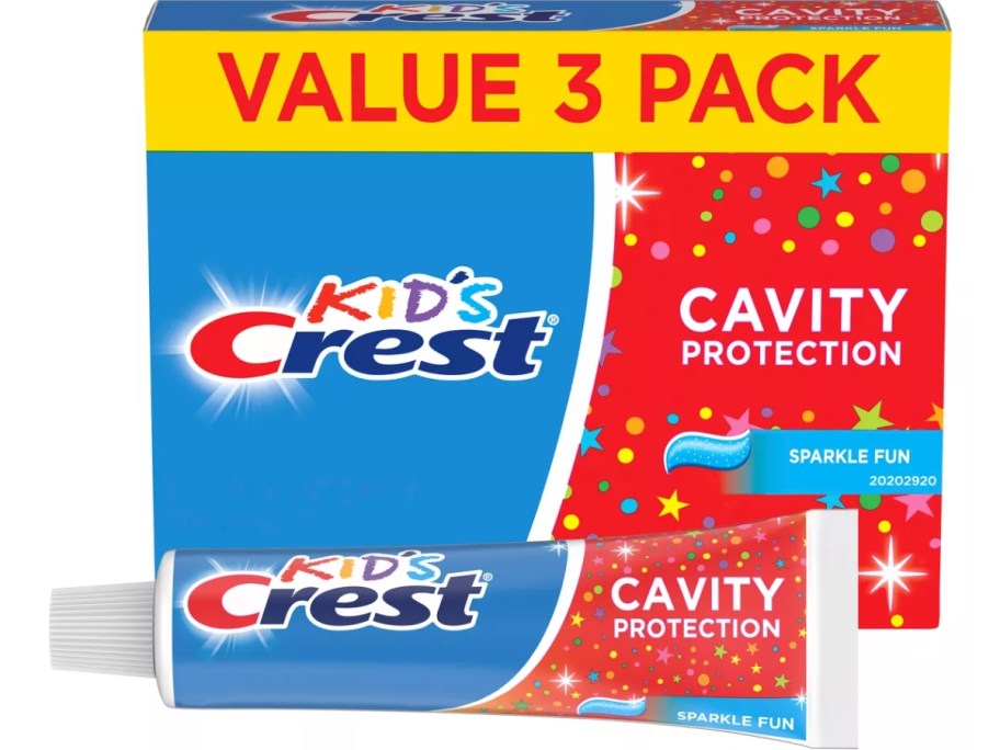 a Value 3 Pack box of Crest Kid's Cavity Protection Toothpaste Sparkle Fun Flavor, with a single tube in front of it