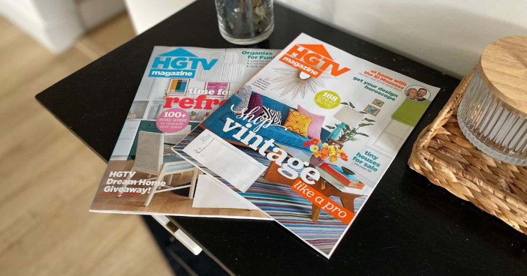 2 HGTV magazines on black table