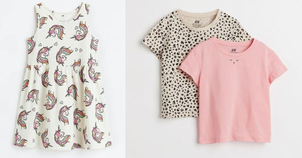 Girls dress with unicorns on it and a two pack of shirts, one grey and one pink