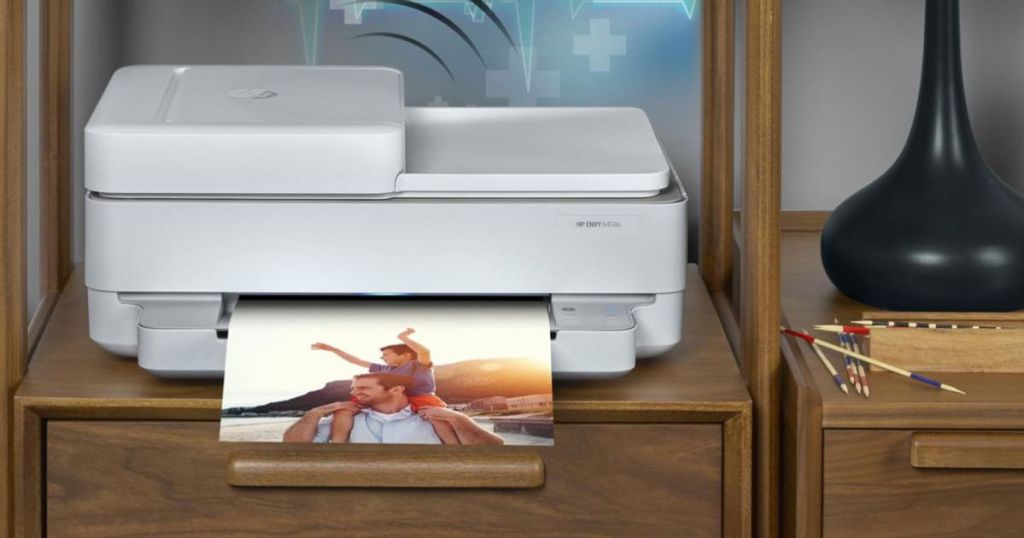 Printer with a picture of a man and a kid printing out of it