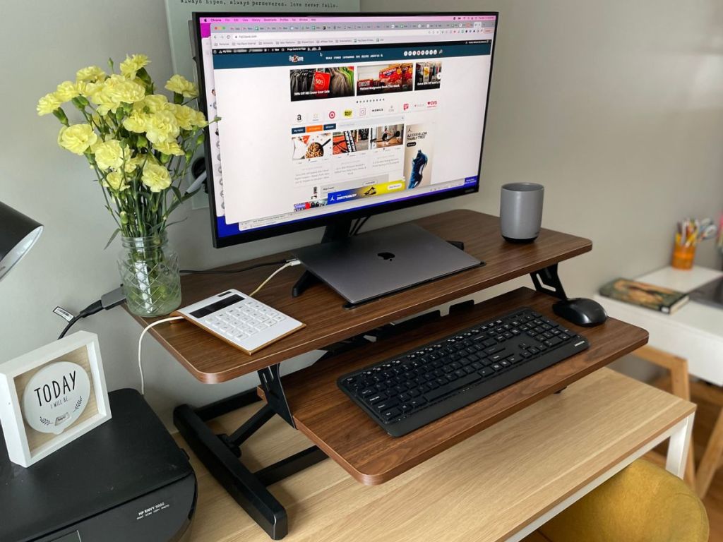HappYard Desk Converter fully assembled with desktop, laptop and keyboard on it