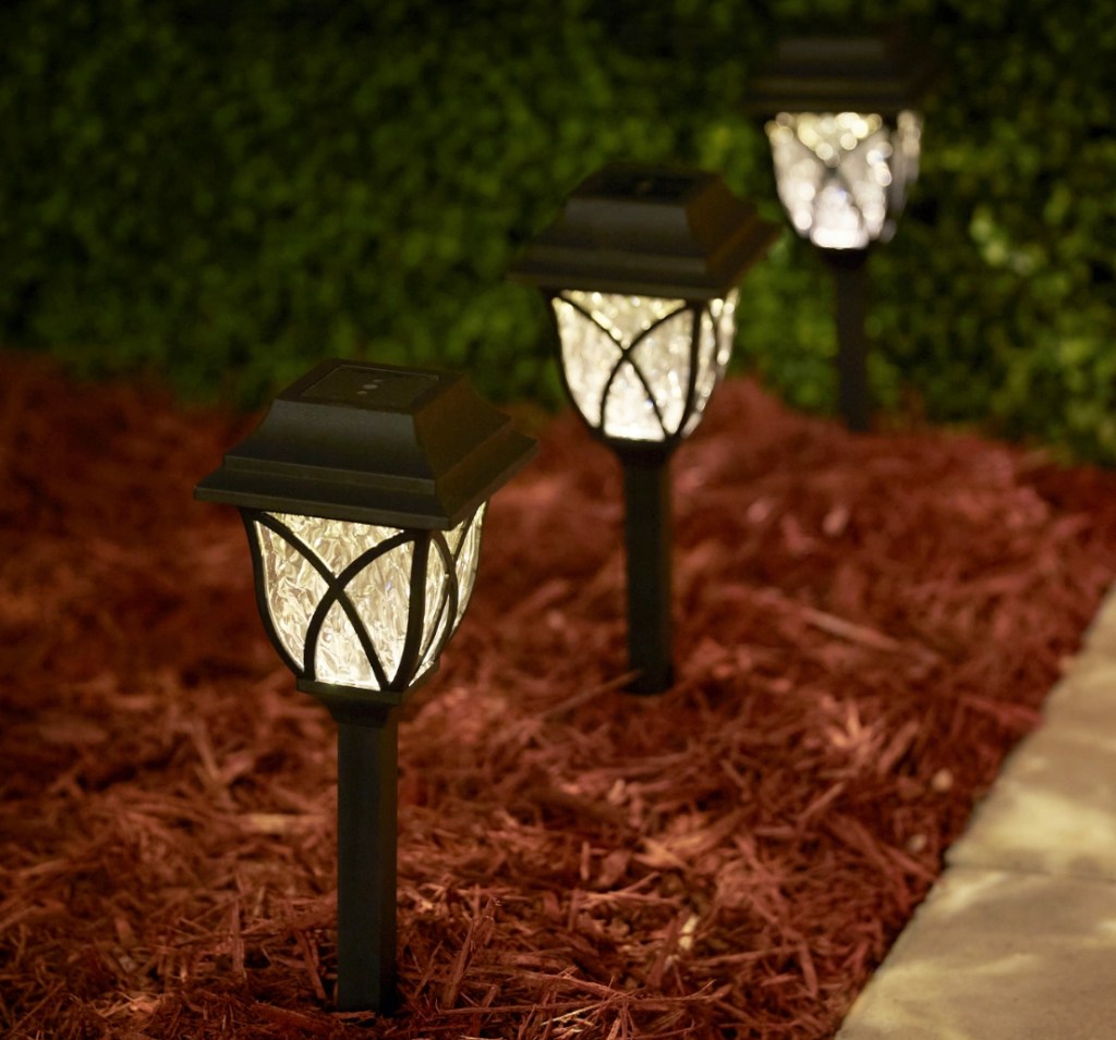 Row of solar lights in mulch in the ground