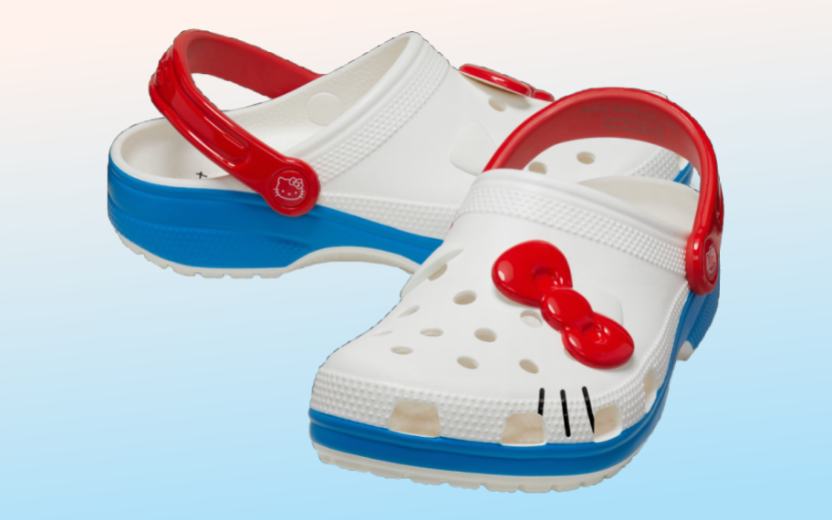 A side view of the new clog shoes from Crocs X Hello Kitty Collection