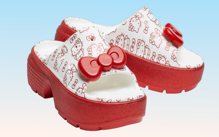 The Hello Kitty Stomp Slides with red platform soles