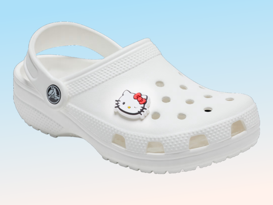 Hello Kitty Winking Jibbitz Charm on a white Crocs shoe