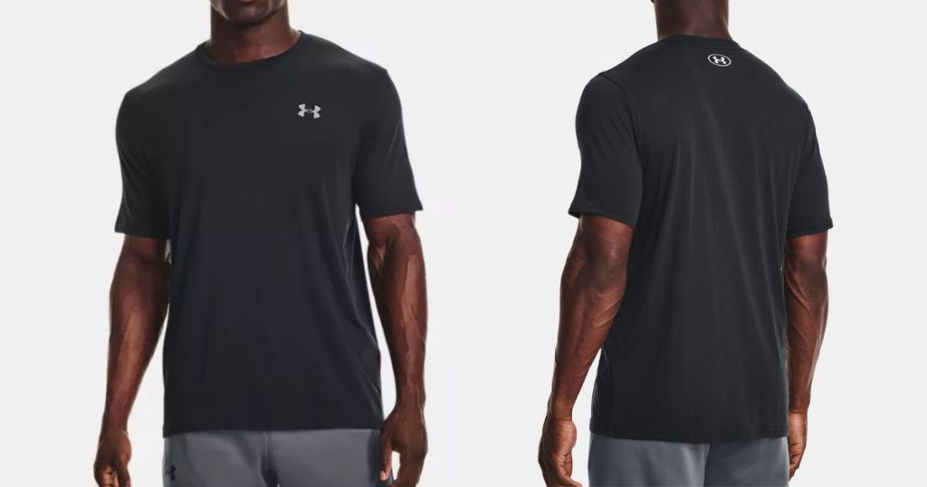 Under Armour Men's UA Left Chest Lockup T-Shirt shown in black, front and back view