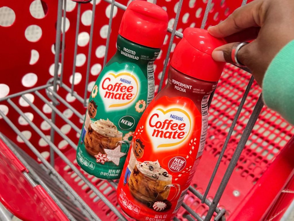 Coffee-Mate Frosted Gingerbread and Peppermint Mocha Creamers in cart at Target