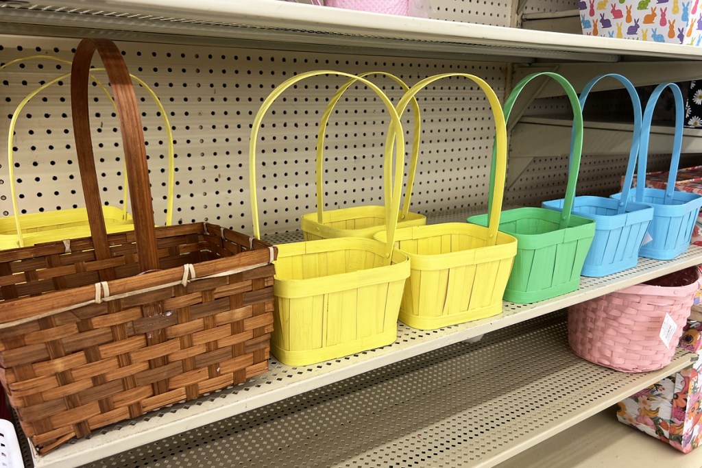 easter baskets on store shelf