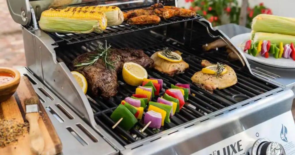 Small gas grill covered in burgers, steaks, kabobs, corn, and more grilled foods