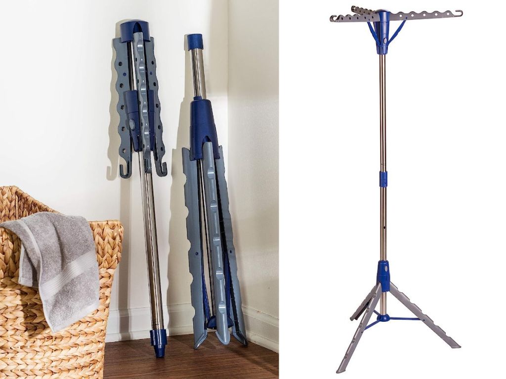 tripod drying rack folded next to wall and stock image of it put together