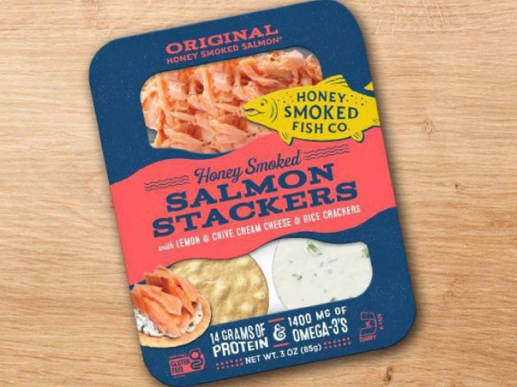 blue package of smoked salmon on desk