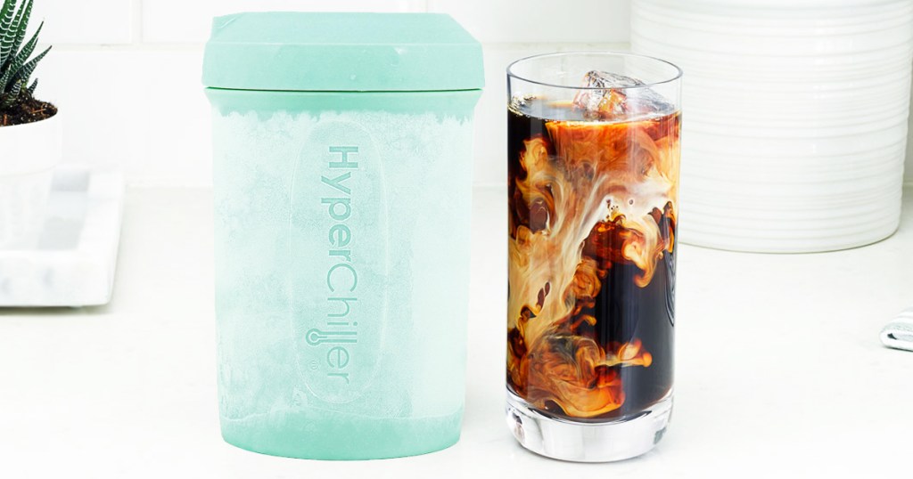 mint green hyperchiller next to iced coffee