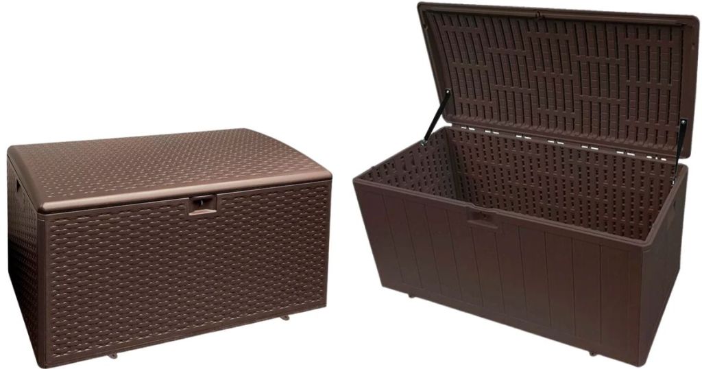 Java Brown 73-Gallon Wicker Pattern Deck Box closed and opened