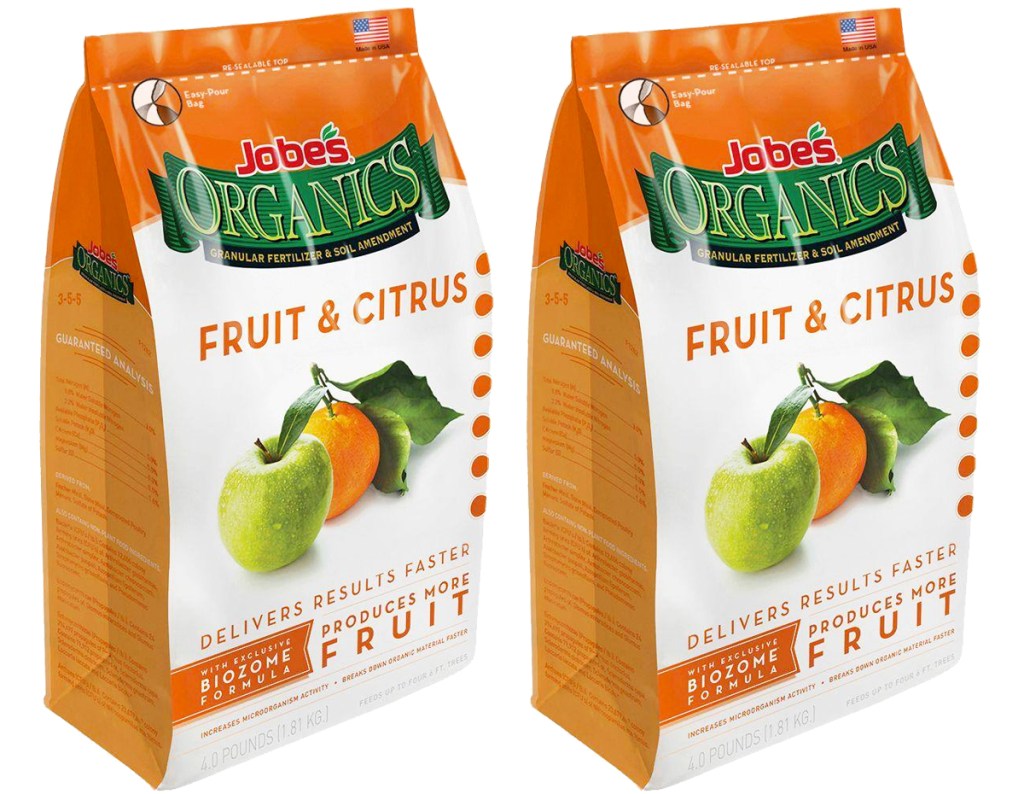 two bags of Jobe's Organics Fruit & Citrus Plant Food Fertilizer