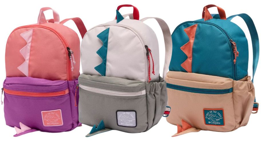 three Kids columbia backpack in different colors
