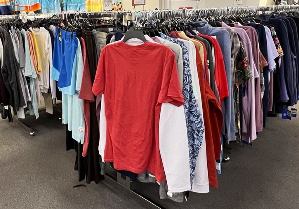 display rack of men's clearance clothes at kohls
