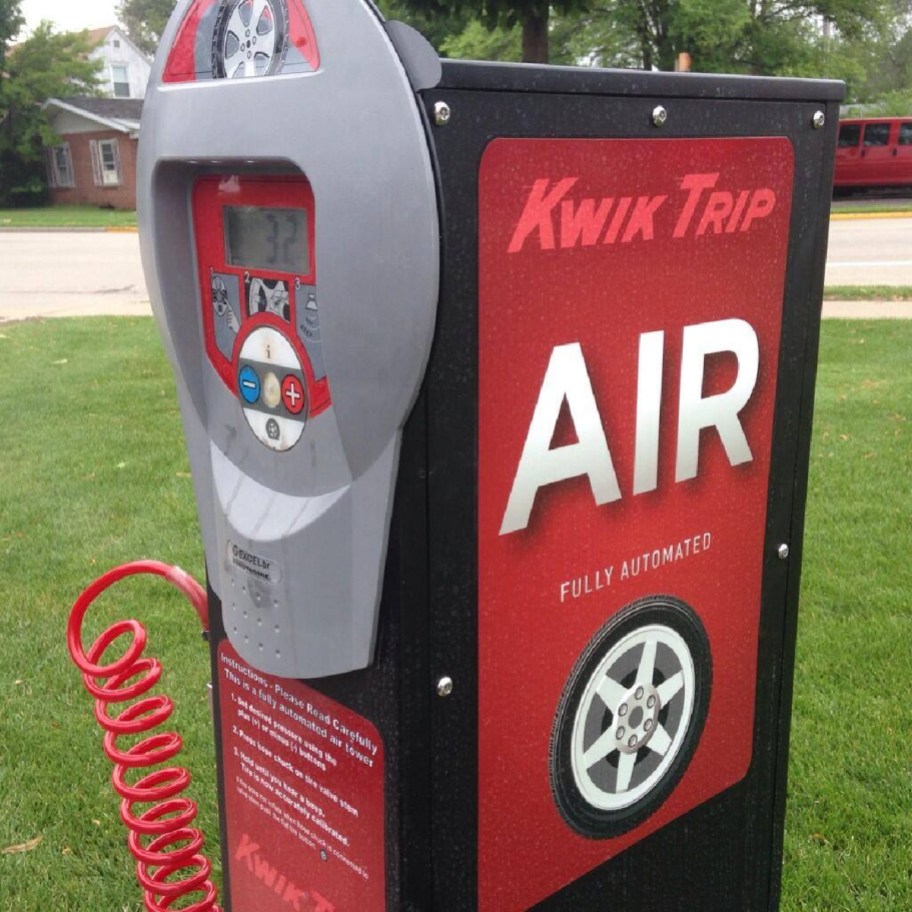 A red KwikTrip air pump where you can get free air for your tires 