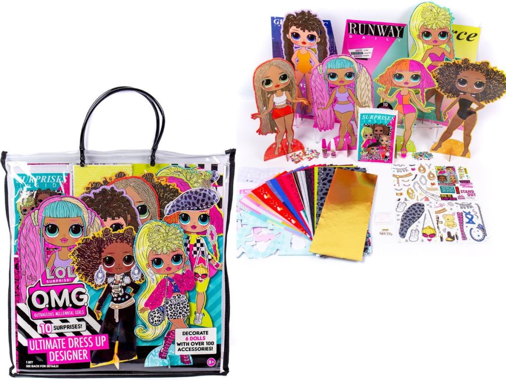 LOL Surprise Paper Doll Kit in bag and layed out with everything that comes inside the bag