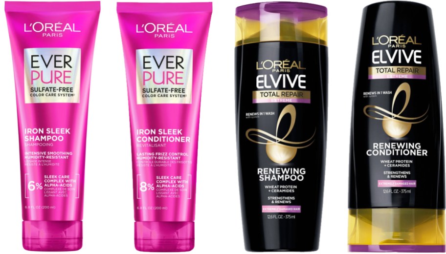 4 pink and black bottles of L'Oreal Shampoos & Conditioners