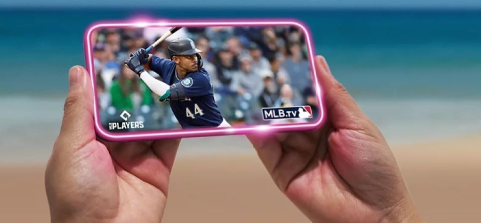 Hand holding a phone displaying MLB.TV
