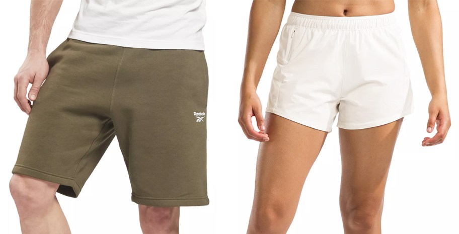 man in green sweat shorts and woman in white shorts