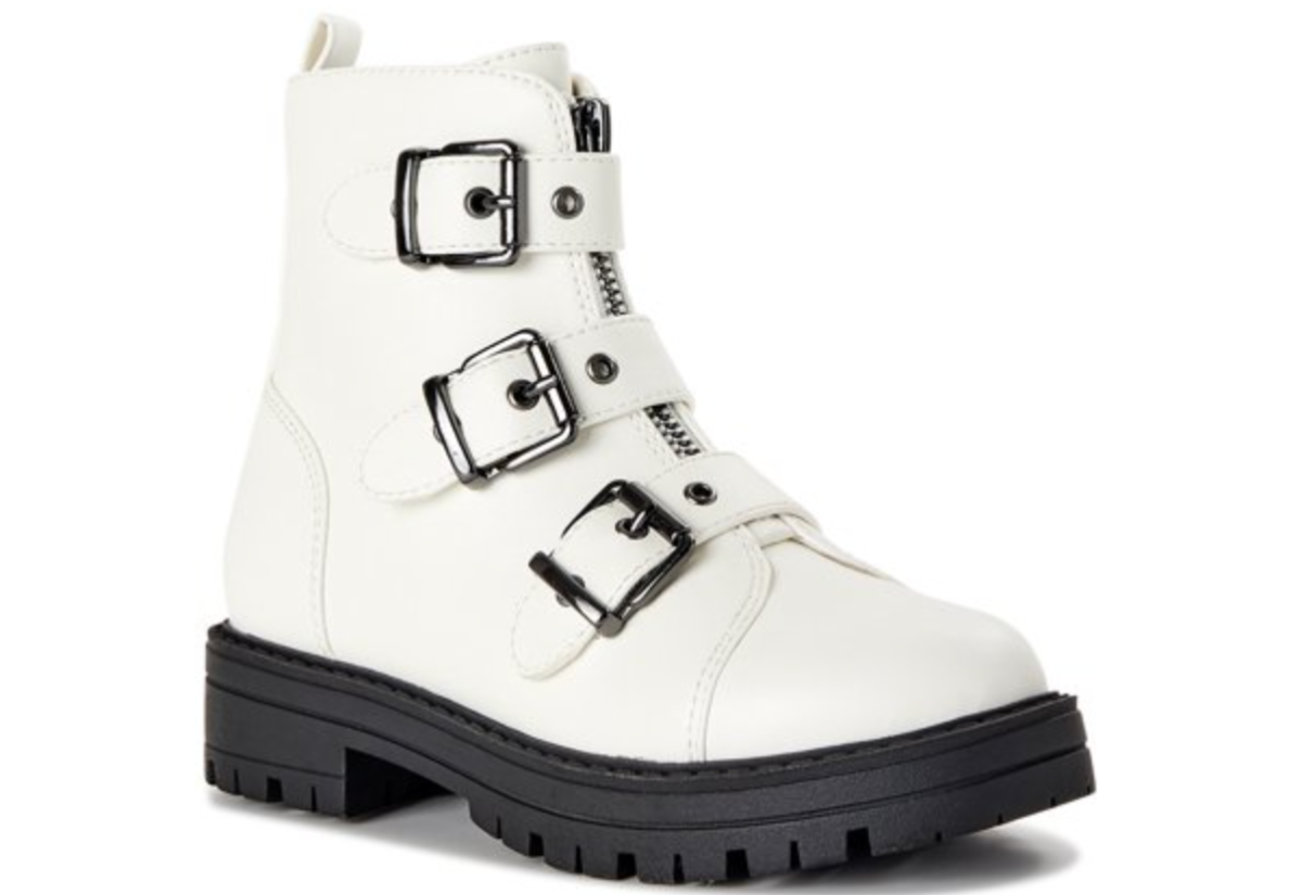 a white Madden NYC little girls and big girls buckle boot