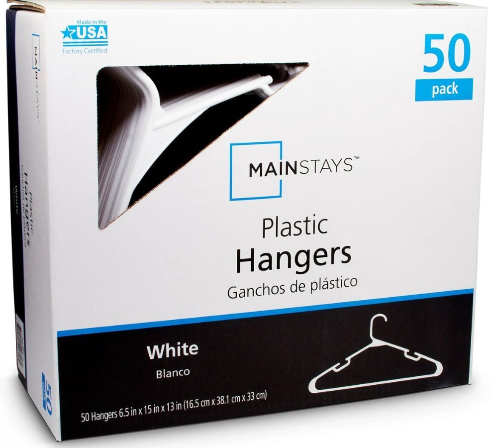 stock image of a 50-count box of Mainstays Hangers 