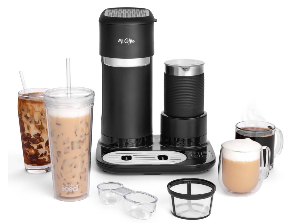 Mr. Coffee 4-in-1 Single-Serve Latte, Iced, and Hot Coffee Maker w_ Milk Frother