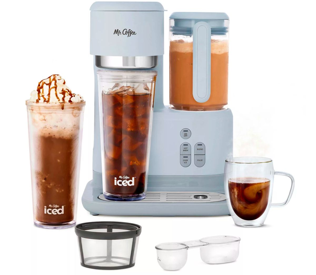 Mr. Coffee Single-Serve Frappe, Iced, and Hot Coffee Maker shown with included accessories stock image