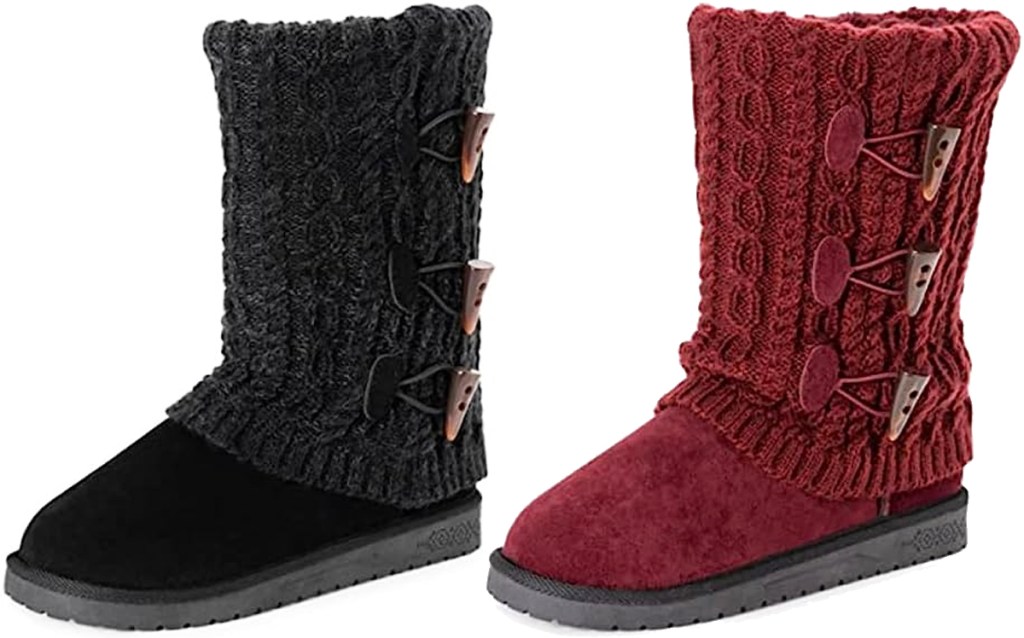 black and red boots with knit details