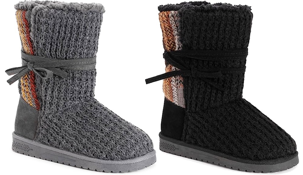 grey and black knit boots