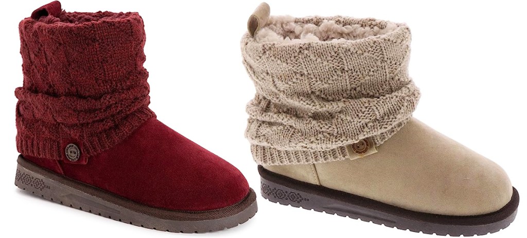 red and tan boots with knit design at ankles