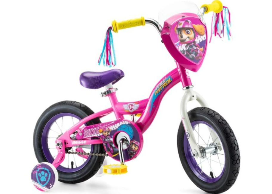 a pink girls paw patrol bike with training wheels