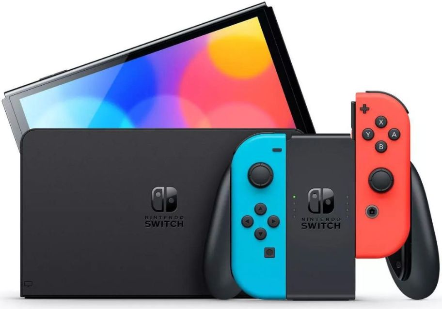Stock photos of Nintendo Switch OLED gaming console